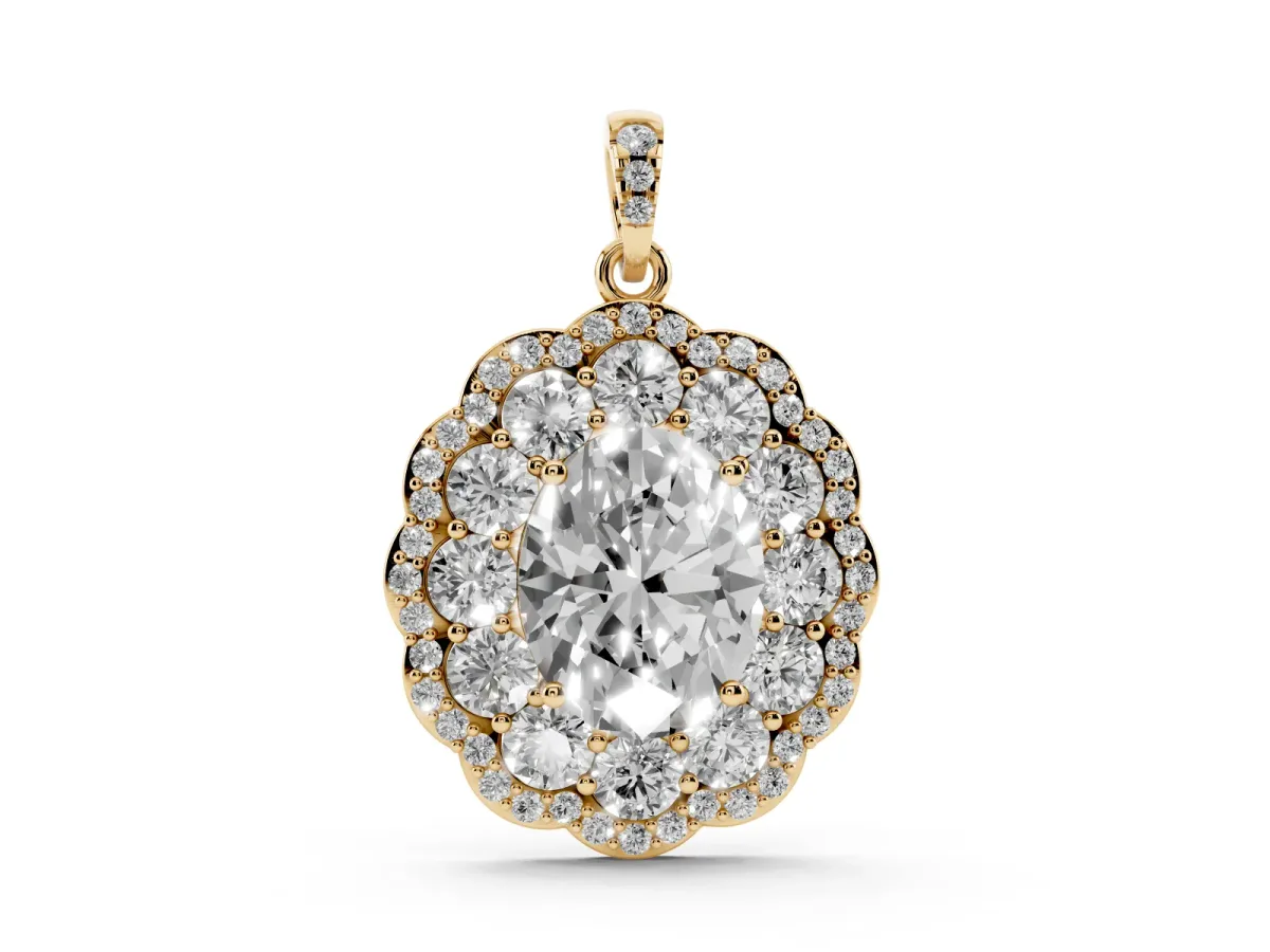 Oval Diamond Floral Halo Pendant with Diamond Accents Yellow gold