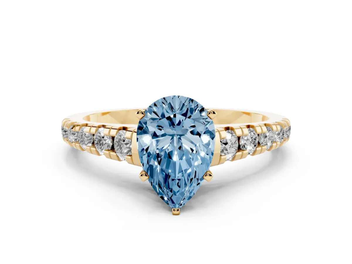 Fancy Blue Pear Cut Diamond Cathedral Solitaire Ring with Round Pavé Band Yellow gold