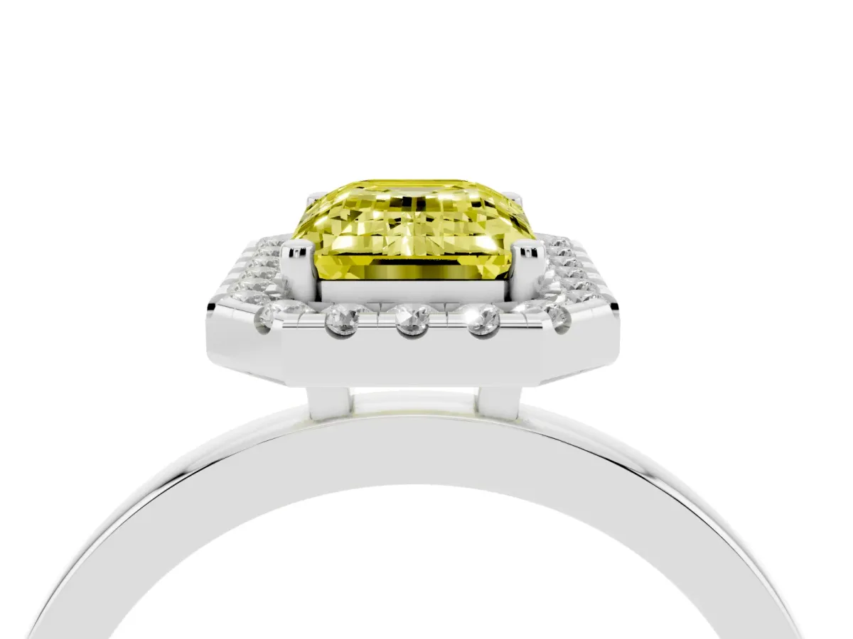 Fancy Yellow Emerald Cut Halo Diamond Solitaire with Pavé Band and Four-Prong Setting Platinum