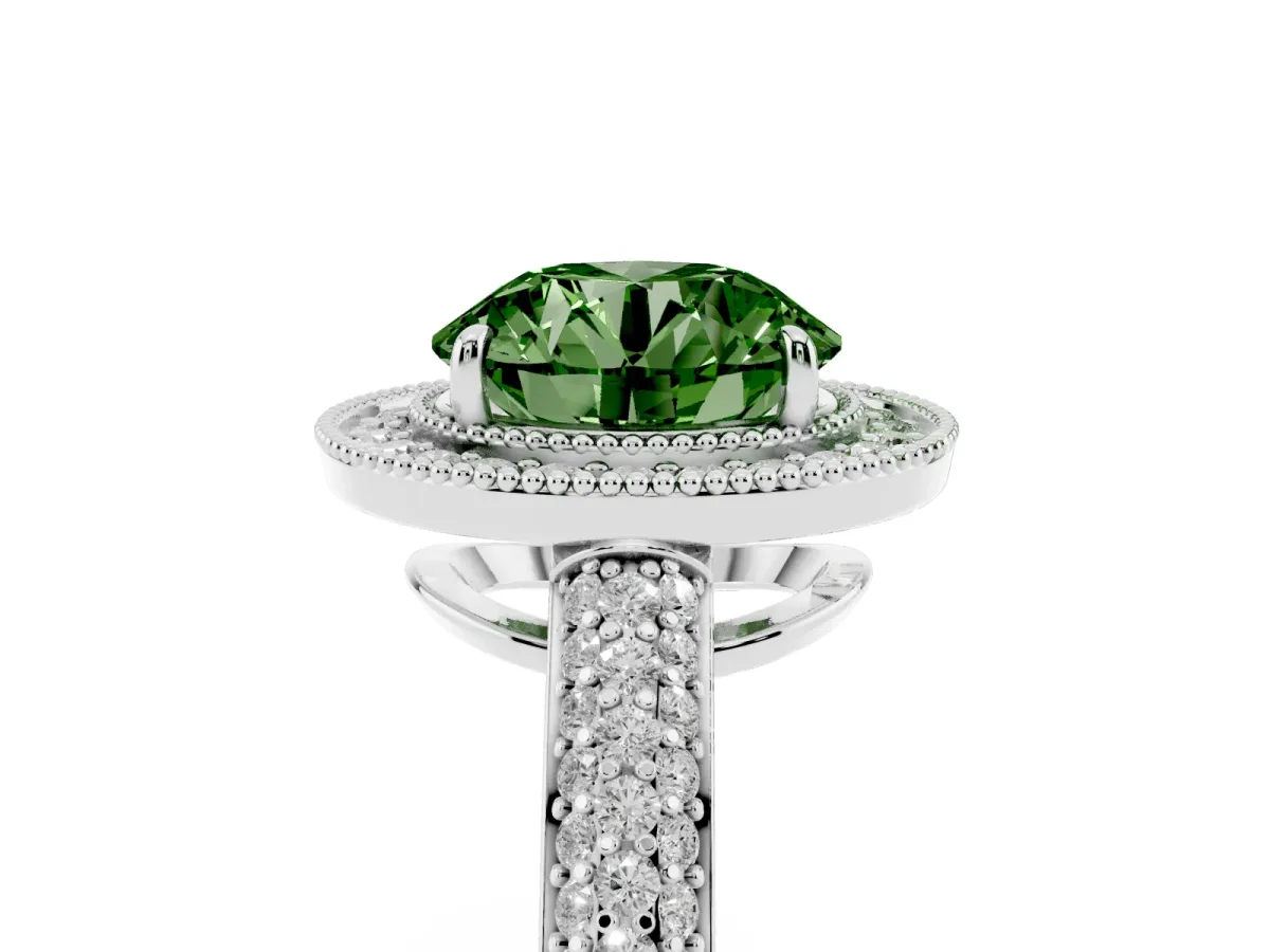 Fancy Green Round Cut Cut Halo Diamond Pave Band with Four-Prong Setting Platinum