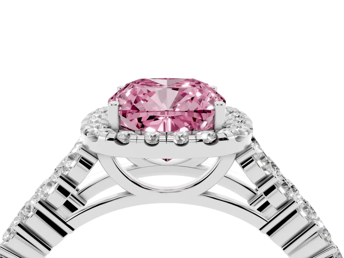 Fancy Pink Cushion Cut Diamond Halo Engagement Ring with Triple Row Round Pavé Band and Prong Setting Platinum