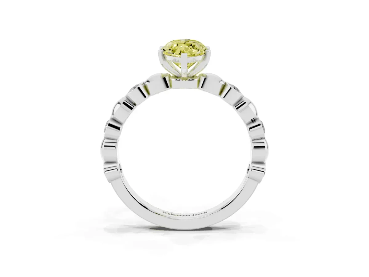 Fancy Yellow Marquise Cut Solitaire Bezel-Set Diamond Ring with Beaded Band and Four-Prong Setting Silver