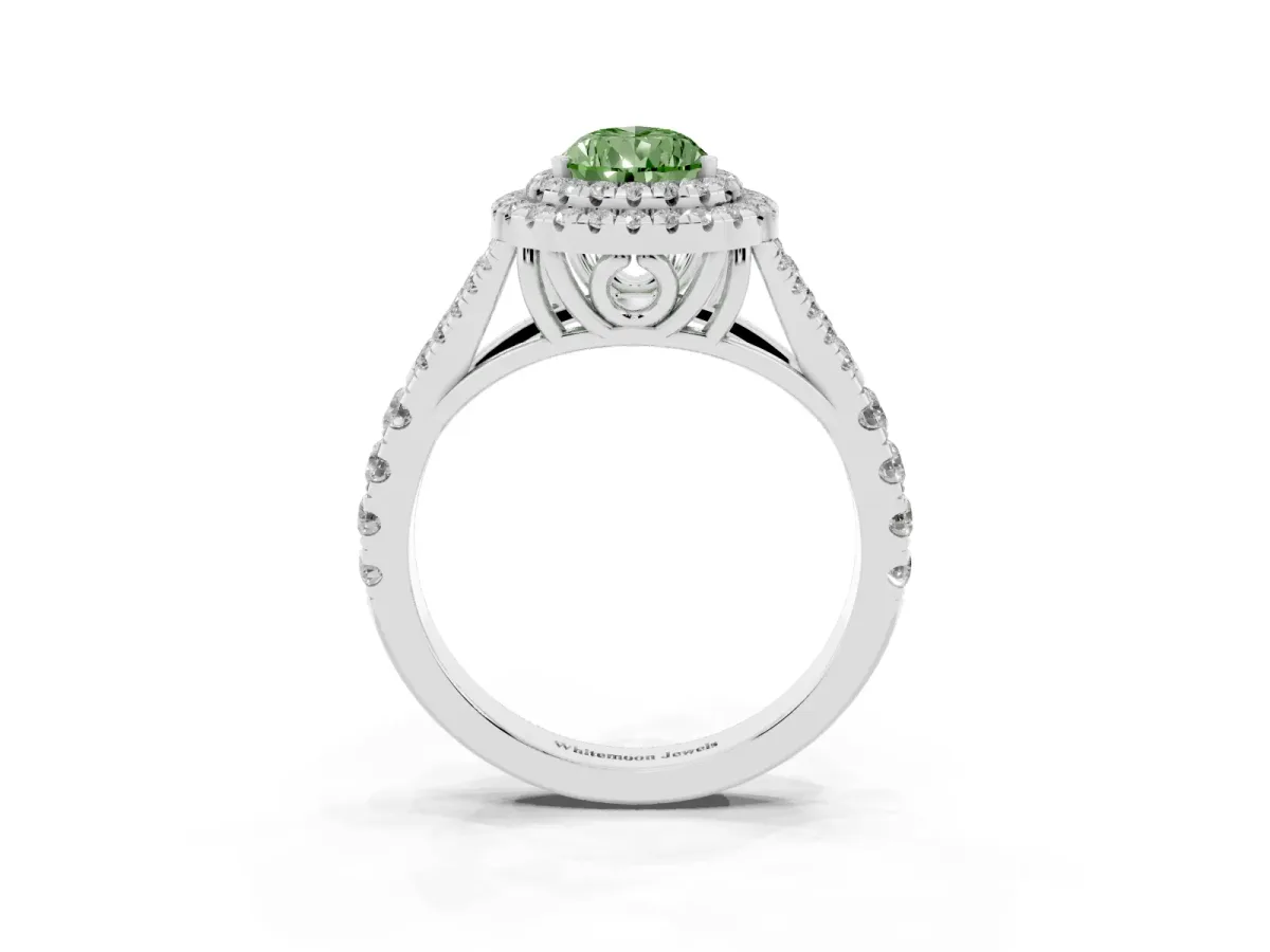 Fancy Green Double Halo Pear Cut Diamond Split Shank Engagement Ring with Four-Prong Setting Silver
