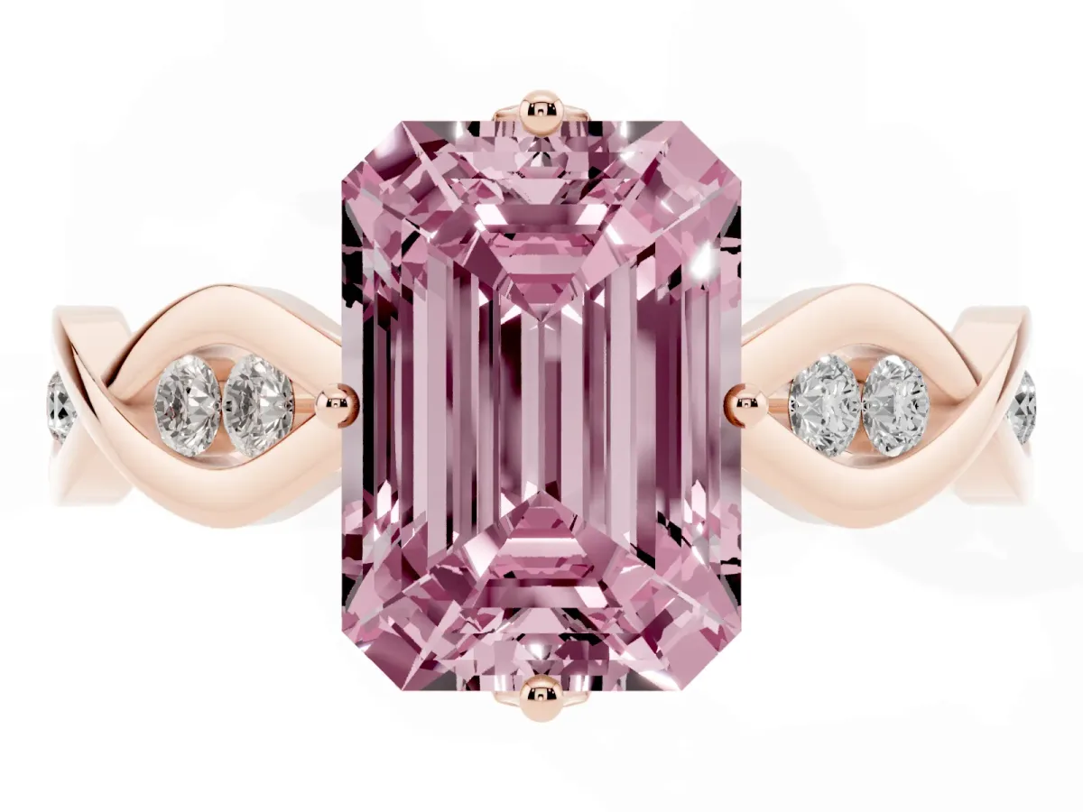 Fancy Pink Emerald Cut Solitaire Twist Band with Leaf Prong Setting Rose gold