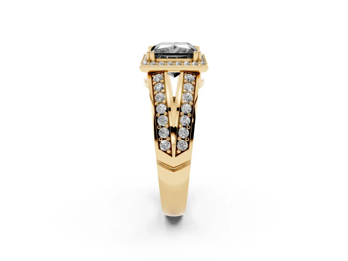 Fancy Black Princess Cut Diamond Halo Ring with Split Shank Pavé Band and Four-Prong Setting Yellow gold