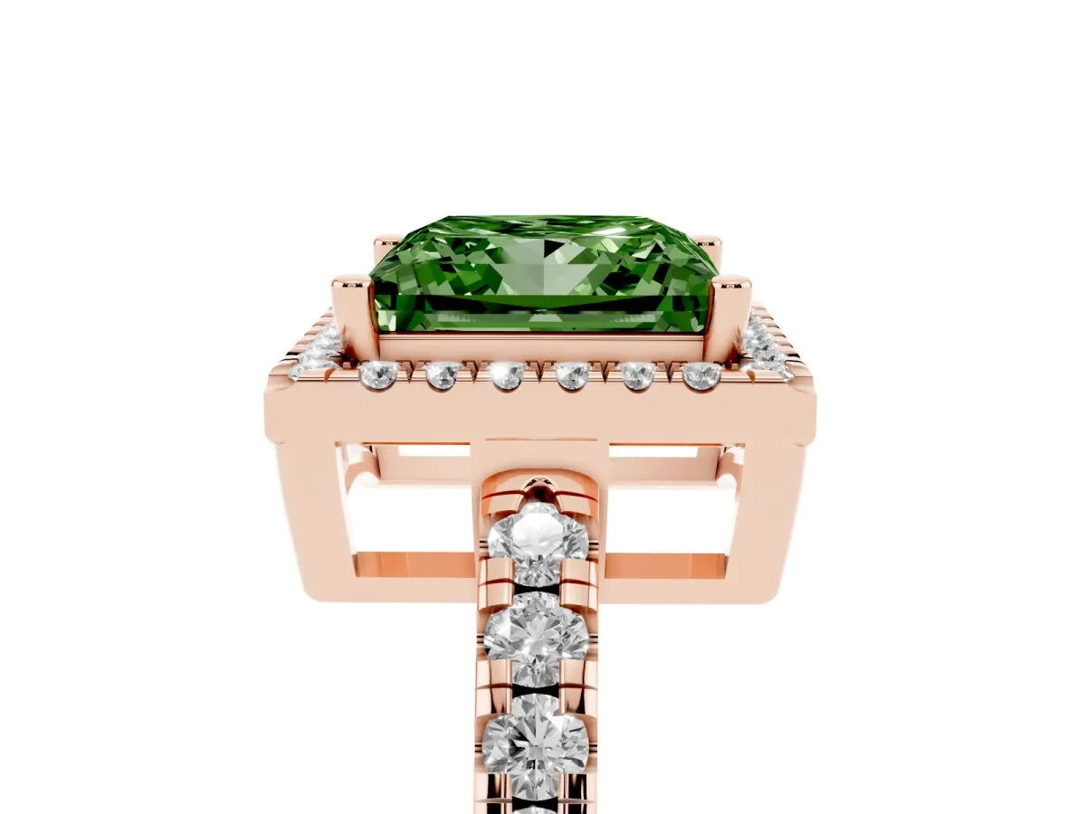 Fancy Green Princess Cut Diamond Halo Ring with Pavé Band and Four-Prong Setting Rose gold