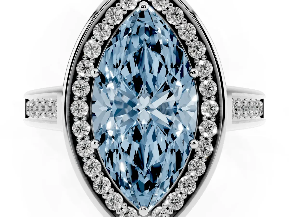 Fancy Blue Marquise Cut Halo Solitaire Diamond Ring with Pave Band and Bezel Setting Silver