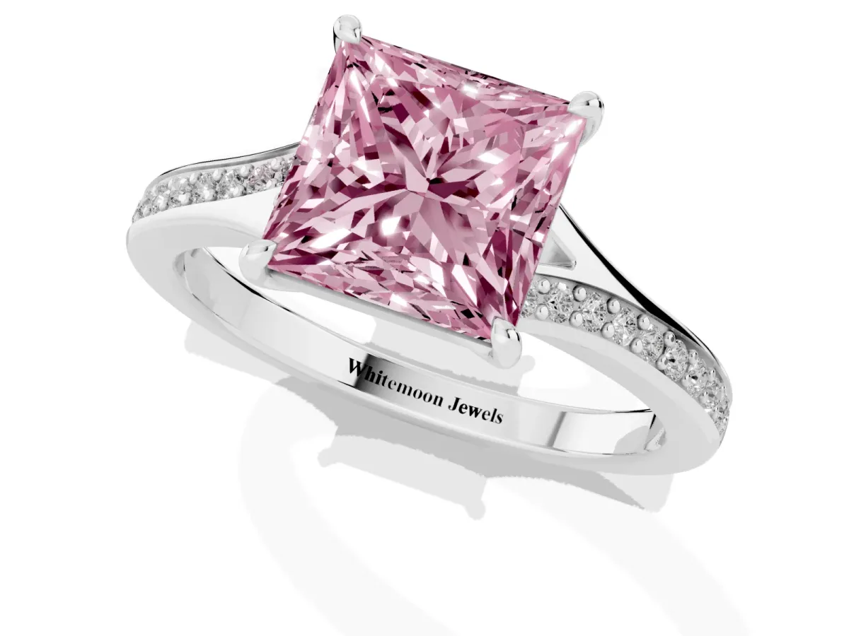 Fancy Pink Princess Cut Diamond Solitaire Ring with Pavé Band and Prong Setting Platinum