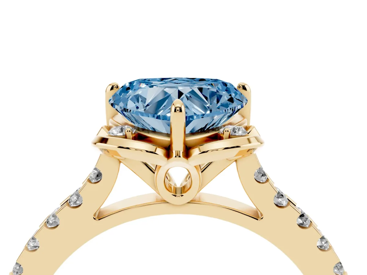 Fancy Blue Heart Cut Diamond Ring with Pavé Band and Floral Prong Setting Yellow gold