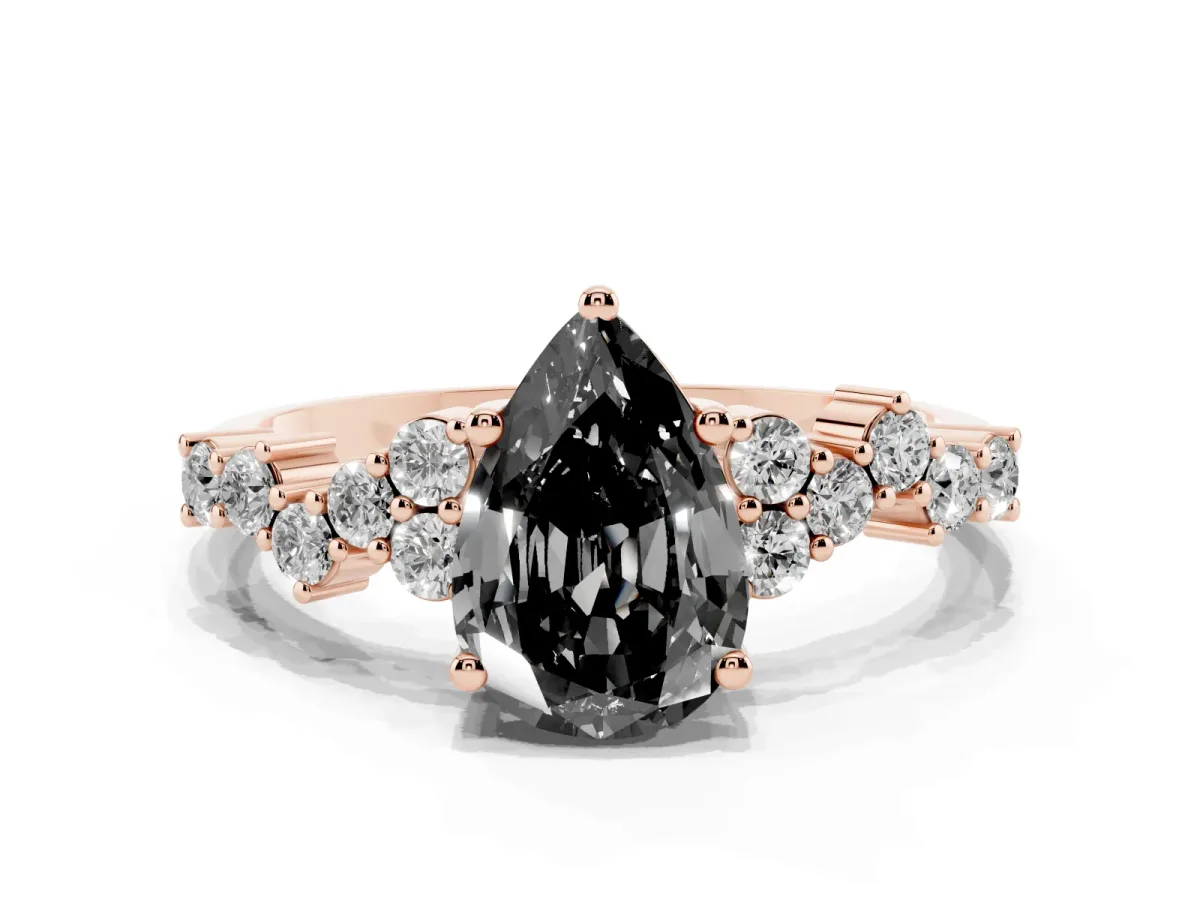 Fancy Black Pear Cut Diamond Scattered Round Accent Ring with Prong Setting Rose gold