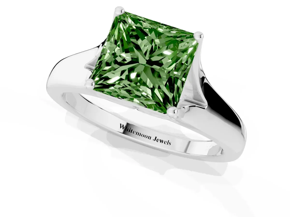 Fancy Green Princess Cut Solitaire Diamond Ring with Cathedral Band and Four-Prong Setting Silver