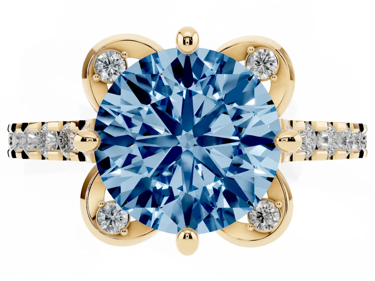 Fancy Blue Round Cut Diamond Ring with Pavé Band and Floral Prong Setting Yellow gold