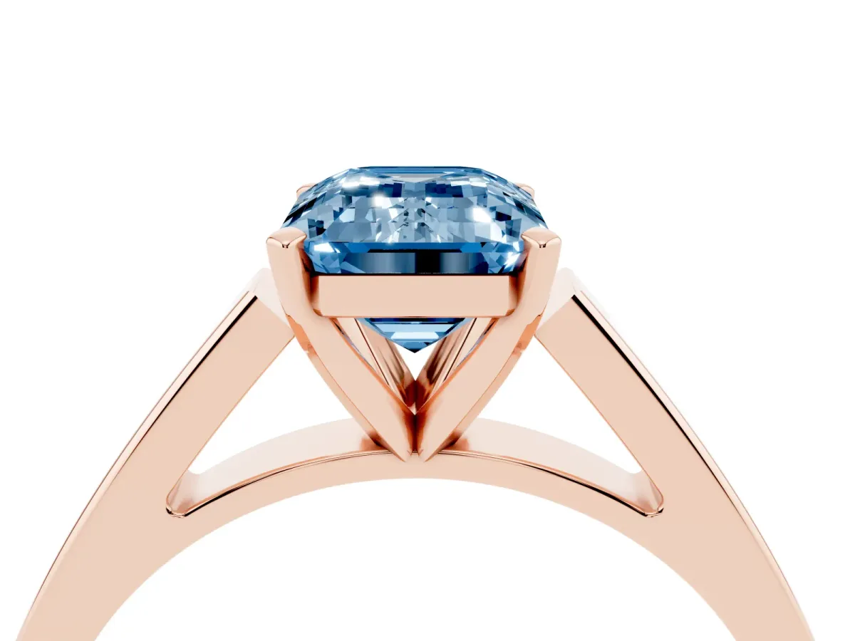 Fancy Blue Emerald Cut Solitaire Engagement Ring with Four-Prong Setting and Tapered Band Rose gold