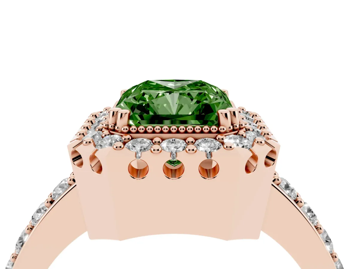 Fancy Green Radiant Cut Diamond Halo Ring with Pavé Band and Prong Setting Rose gold