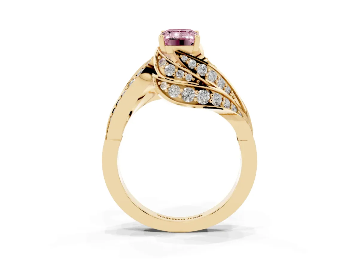 Fancy Pink Emerald Cut Diamond Solitaire Ring with Prong Setting and Twisted Pavé Band Yellow gold