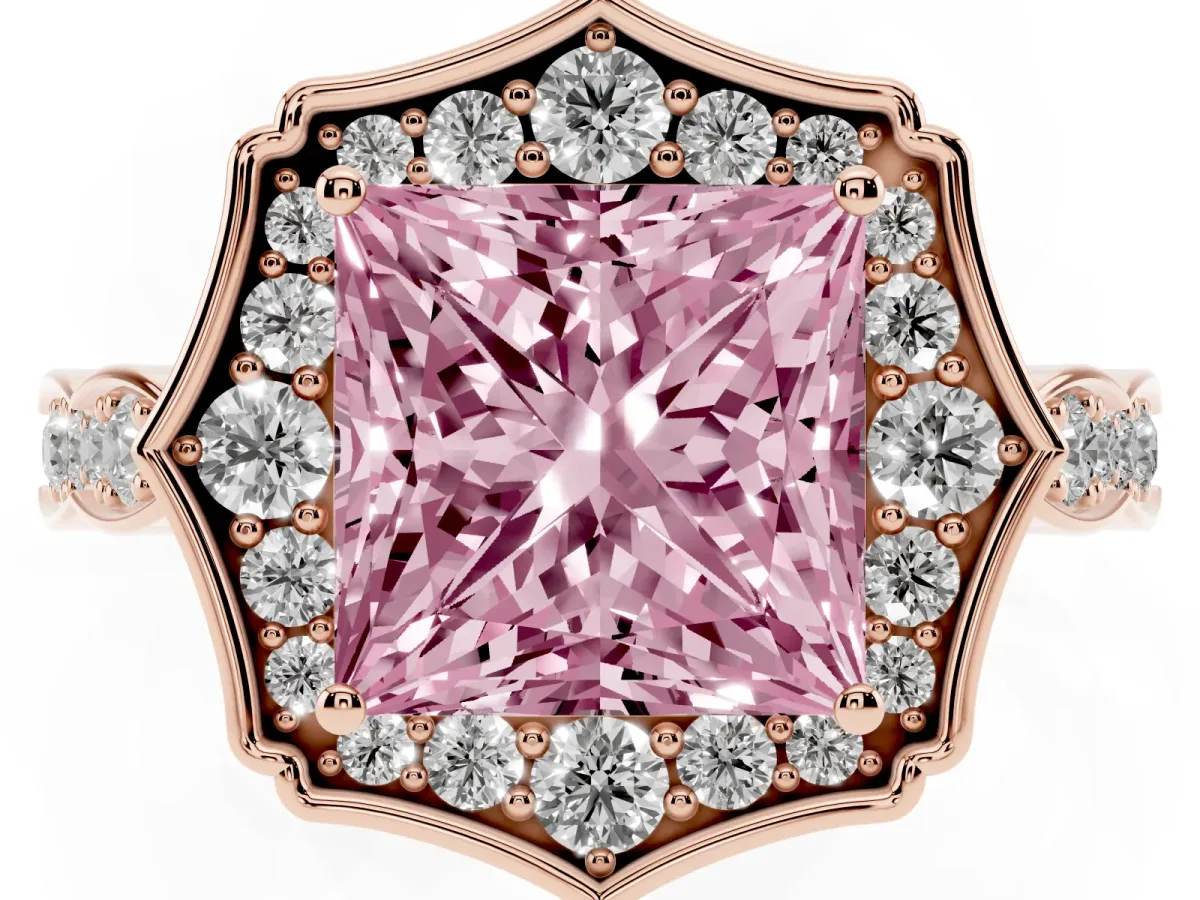 Fancy Pink Princess Cut Halo Diamond Engagement Ring with Milgrain Band and Four-Prong Setting Rose gold