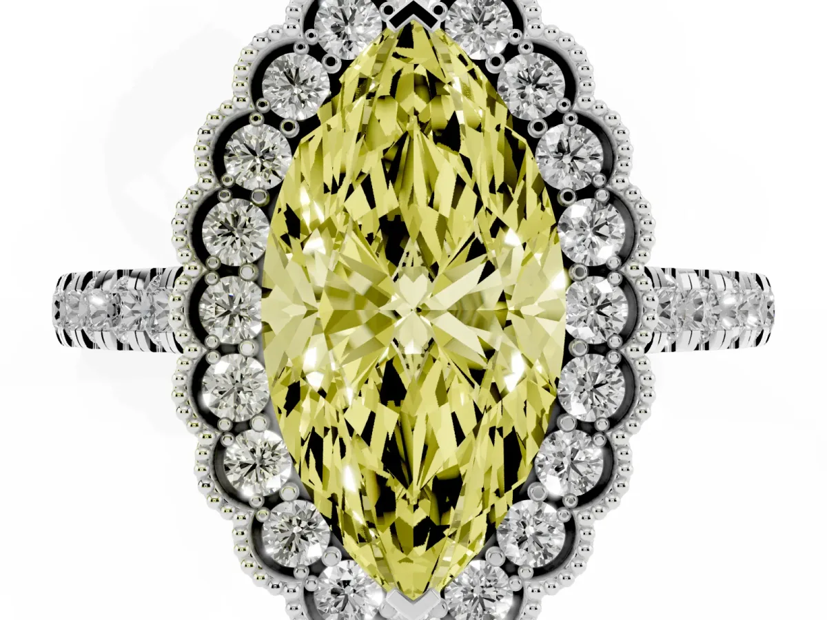 Fancy Yellow Marquise Cut Cut Diamond Milgrain Floral Halo Engagement Ring with Pavé Band White gold