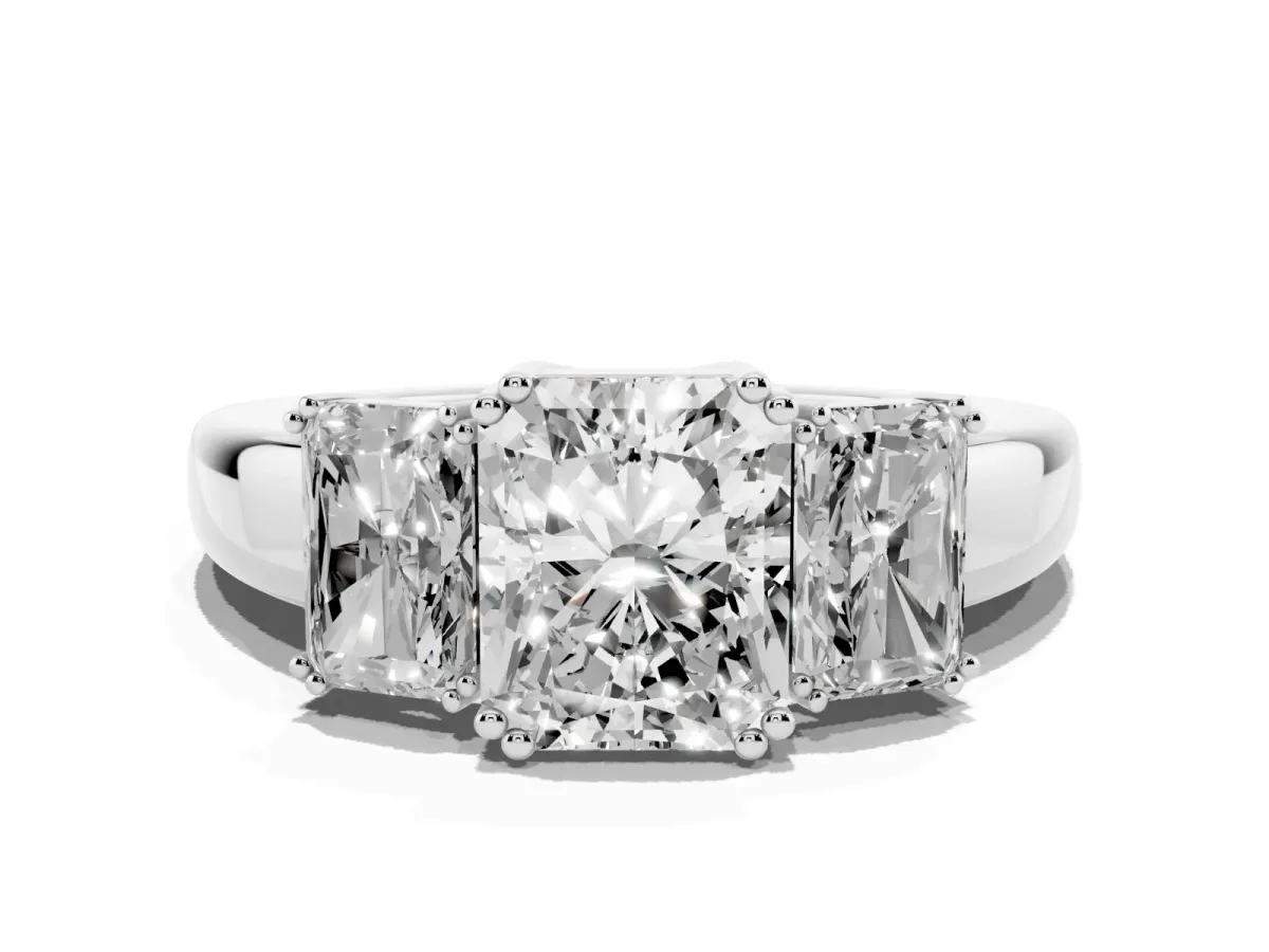 Three-Stone Radiant Cut Cut Diamond Ring with Channel Set Band and Four-Prong Setting Silver