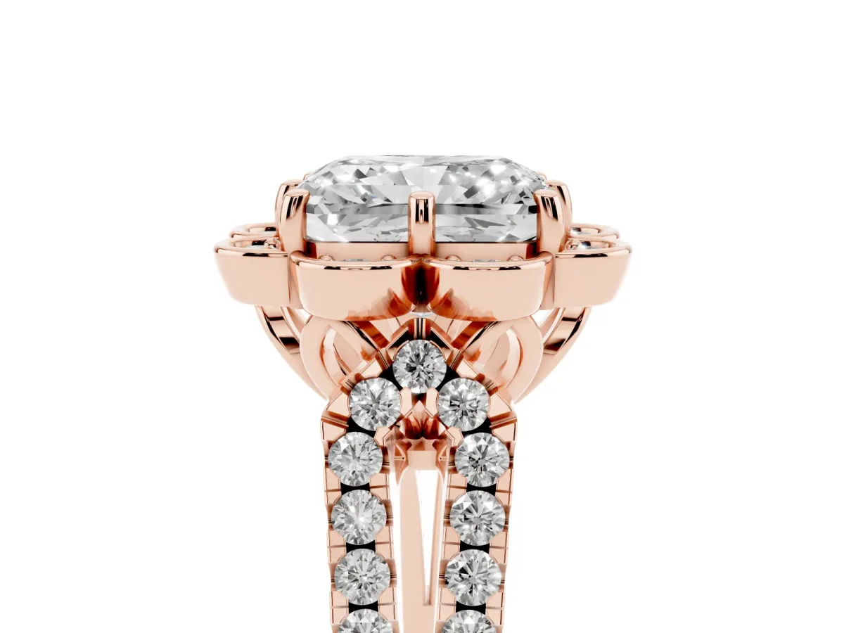 Radiant Cut Halo Diamond Floral Split Shank Engagement Ring Rose gold