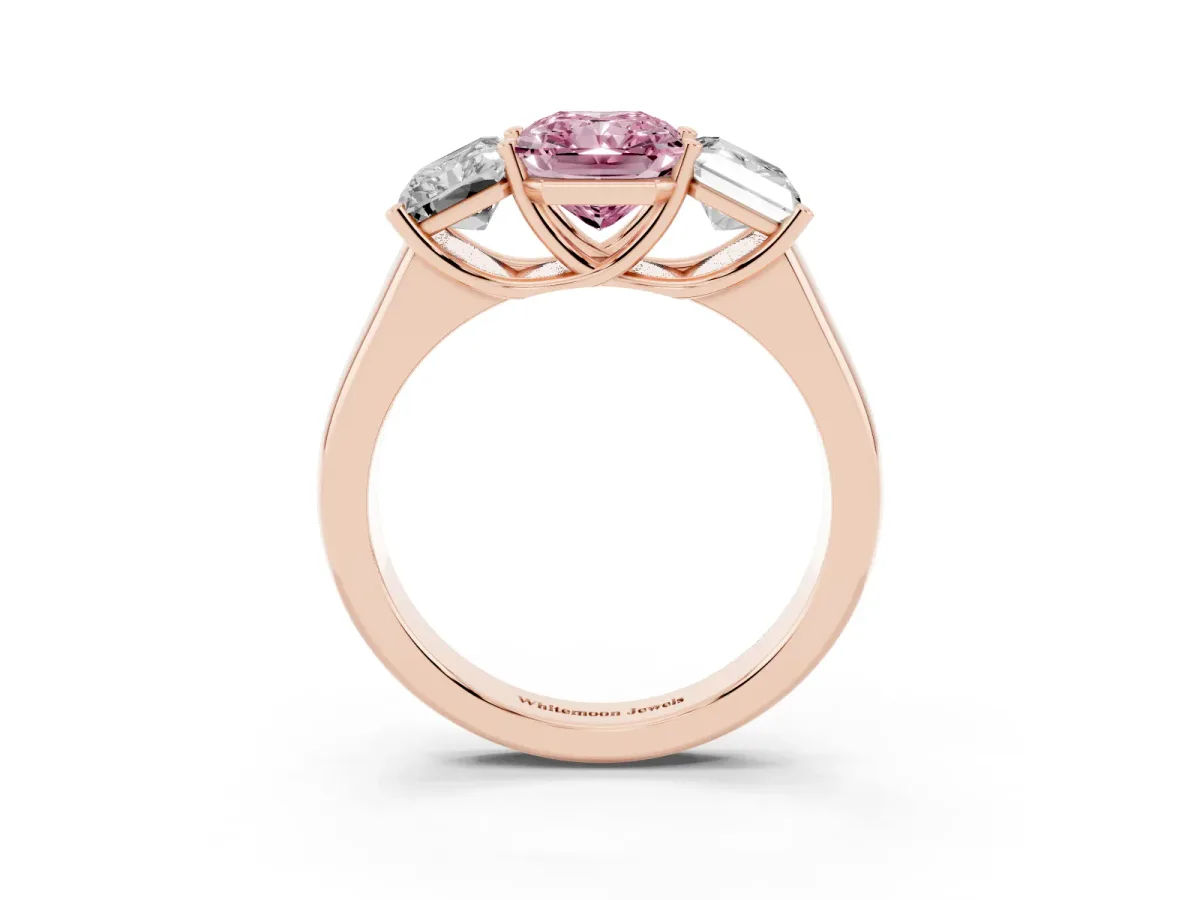 Fancy Pink Radiant Cut Three-Stone Diamond Ring with Prong Setting on a Classic Band Rose gold