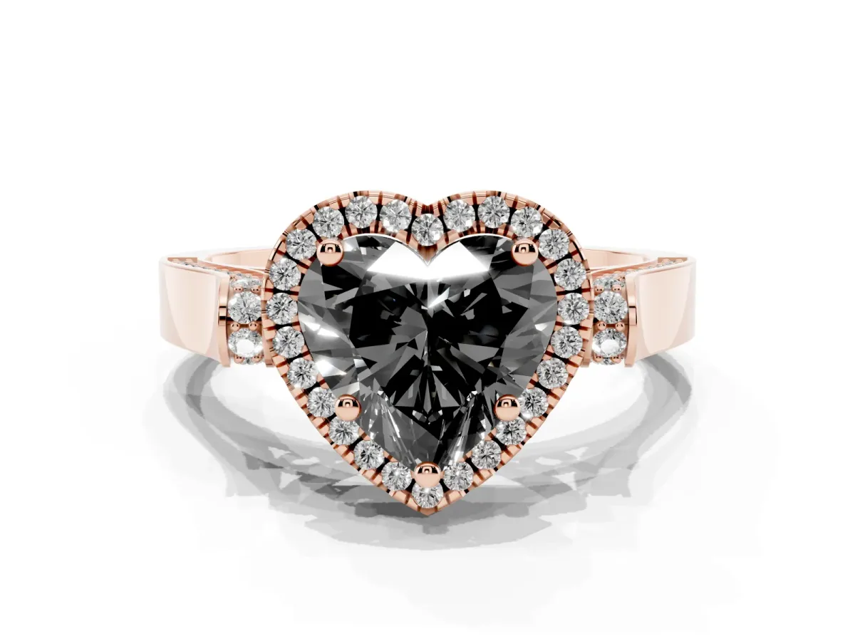 Fancy Black Heart Cut Halo Round Diamond Twist Band with Four-Prong Setting Rose gold