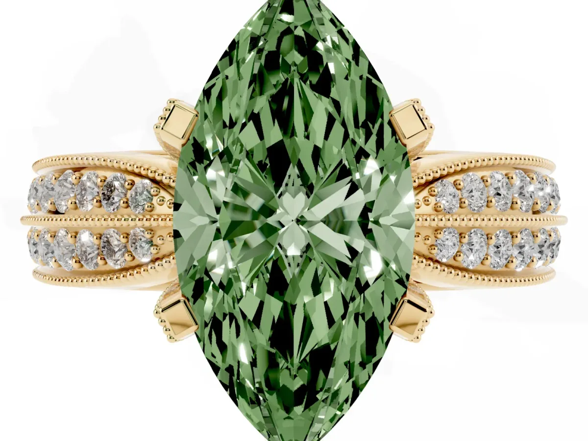 Fancy Green Marquise Cut Diamond Solitaire Ring with Milgrain Round Pavé Band and Prong Setting Yellow gold