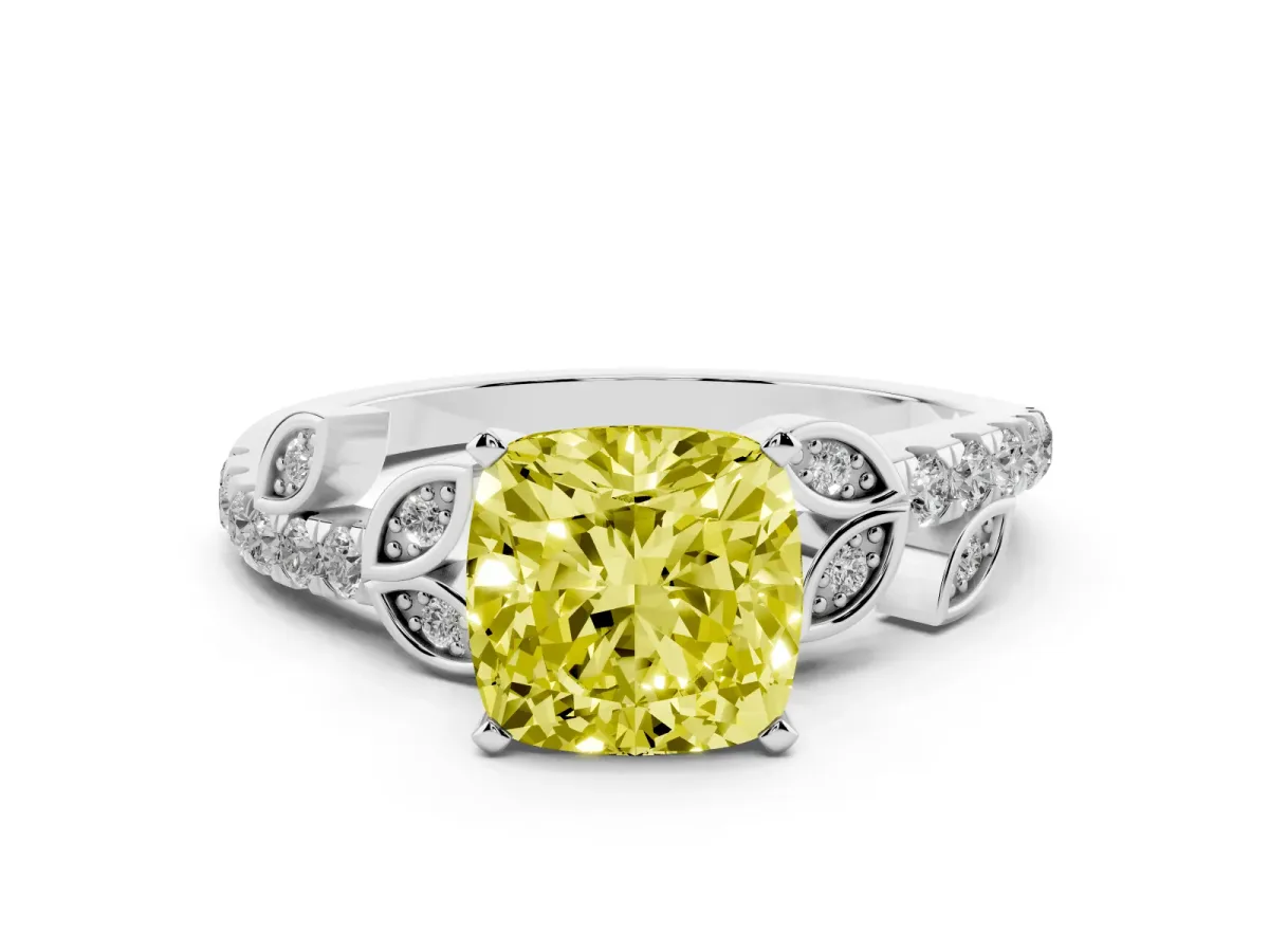 Fancy Yellow Cushion Cut Solitaire Leaf-Inspired Diamond Ring with Pavé Band and Four-Prong Setting Silver