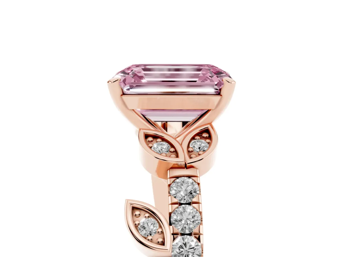 Fancy Pink Emerald Cut Solitaire Leaf-Inspired Diamond Ring with Pavé Band and Four-Prong Setting Rose gold