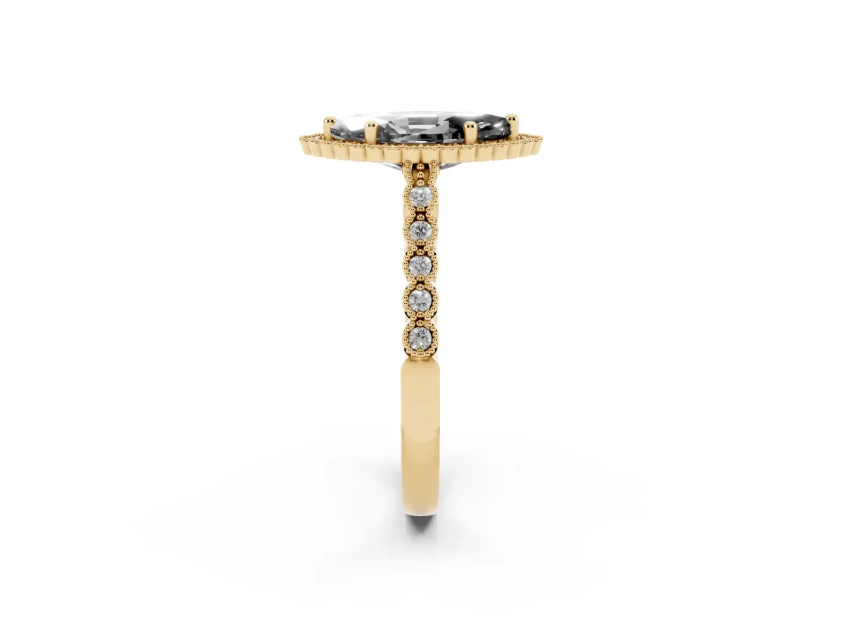 Fancy Black Marquise Cut Cut Halo Pavé Solitaire Ring with Milgrain Band Yellow gold