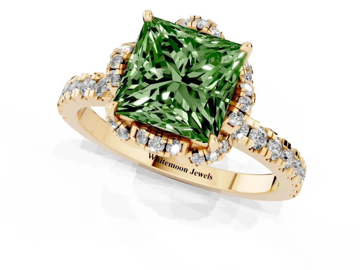 Fancy Green Princess Cut Halo Diamond Pave Band Ring with Four-Prong Setting Yellow gold