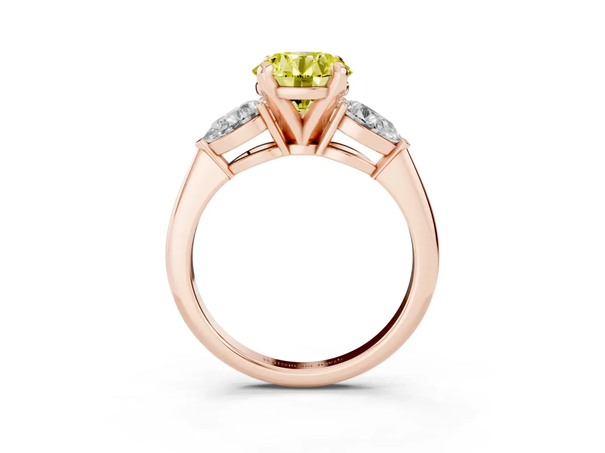 Fancy Yellow Three-Stone Round Cut Diamond Ring with Pear Side Stones and Four-Prong Setting Rose gold