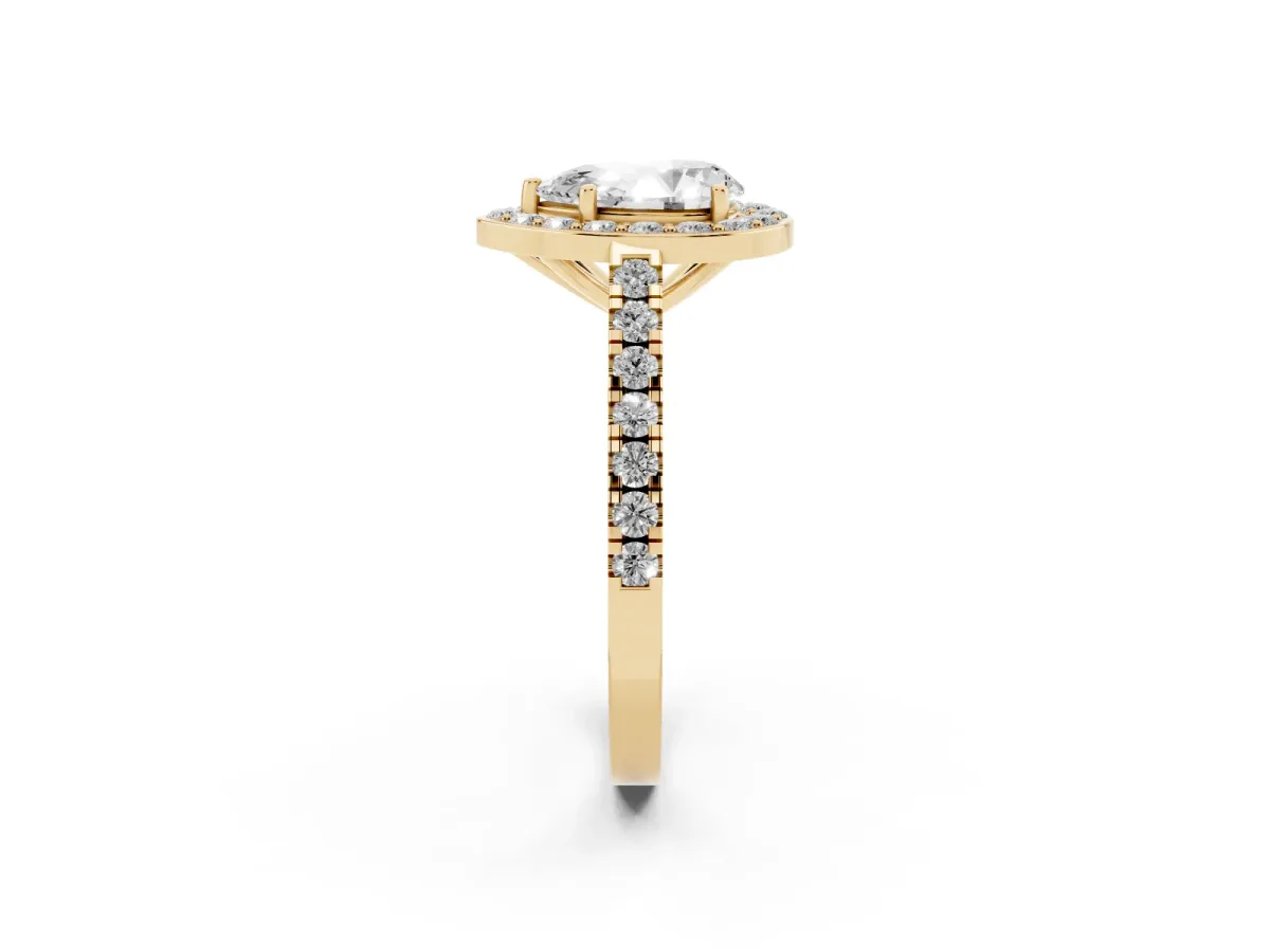 Pear Cut Diamond Halo Ring with Round Pavé Split Shank and Prong Setting Yellow gold