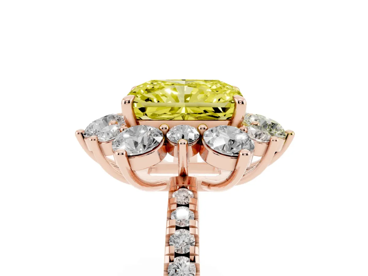 Fancy Yellow Radiant Cut Diamond Floral Halo Ring with Round Pavé Band and Prong Setting Rose gold