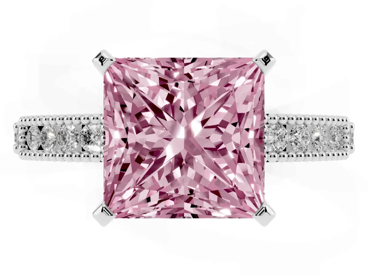 Fancy Pink Princess Cut Solitaire with Pavé Band and Four-Prong Setting Silver