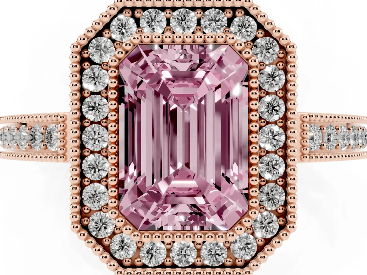 Fancy Pink Emerald Cut Cut Halo Diamond Ring with Pavé Band and Milgrain Prong Setting Rose gold