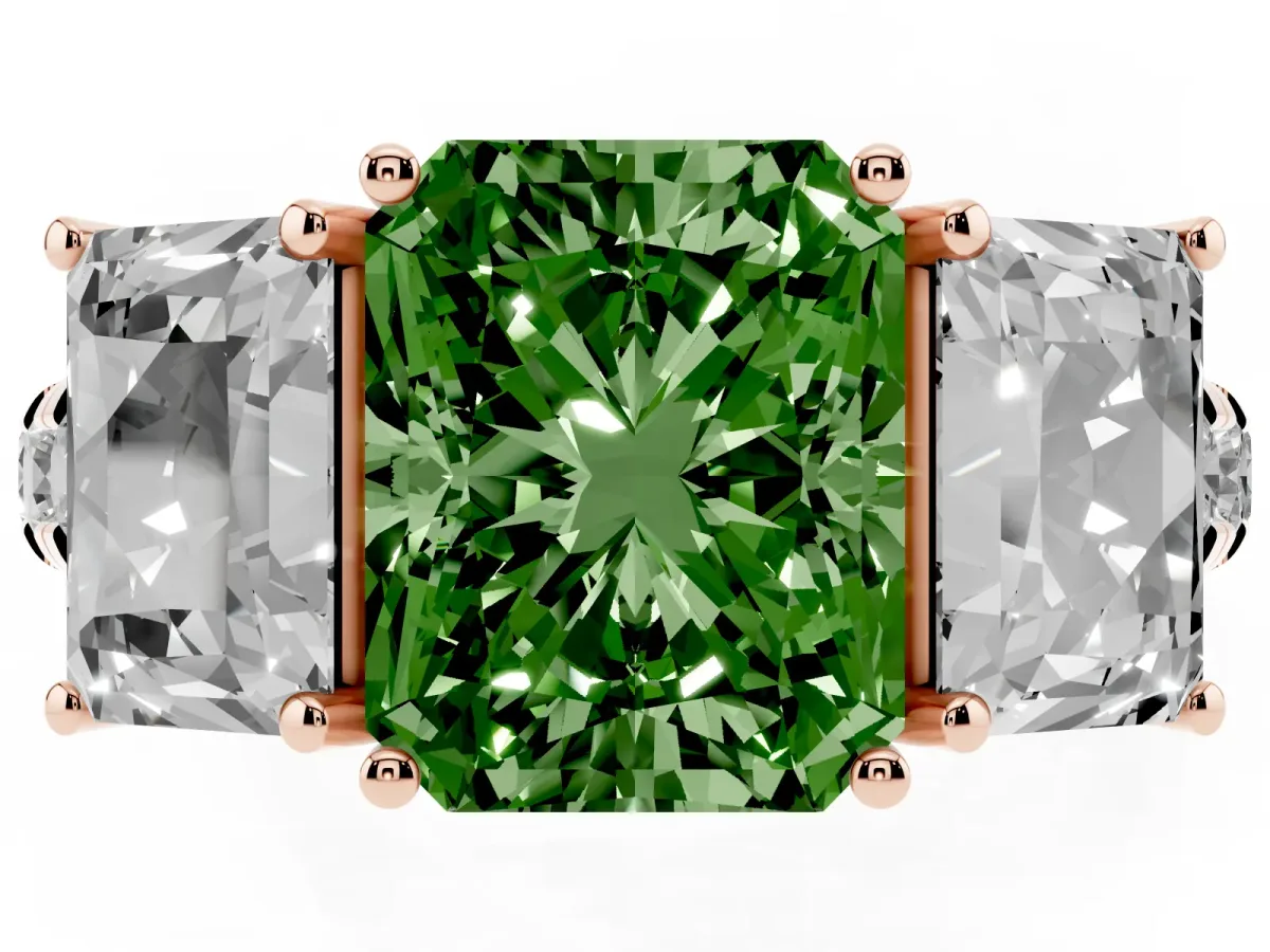 Fancy Green Three-Stone Radiant Cut Diamond Pavé Band with Prong Setting Rose gold