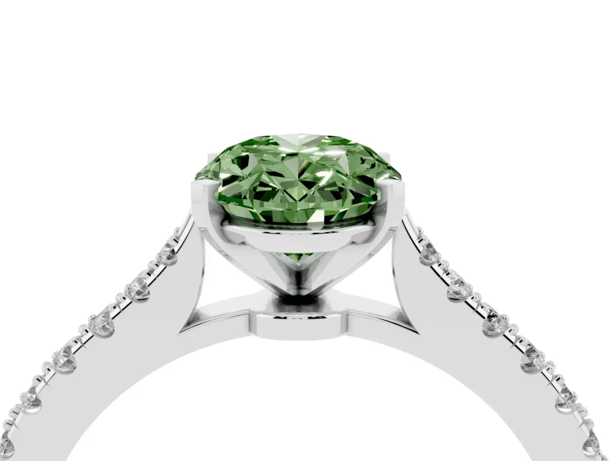 Fancy Green Oval Cut Cut Solitaire Diamond Engagement Ring with Pave Band and Four-Prong Setting Platinum
