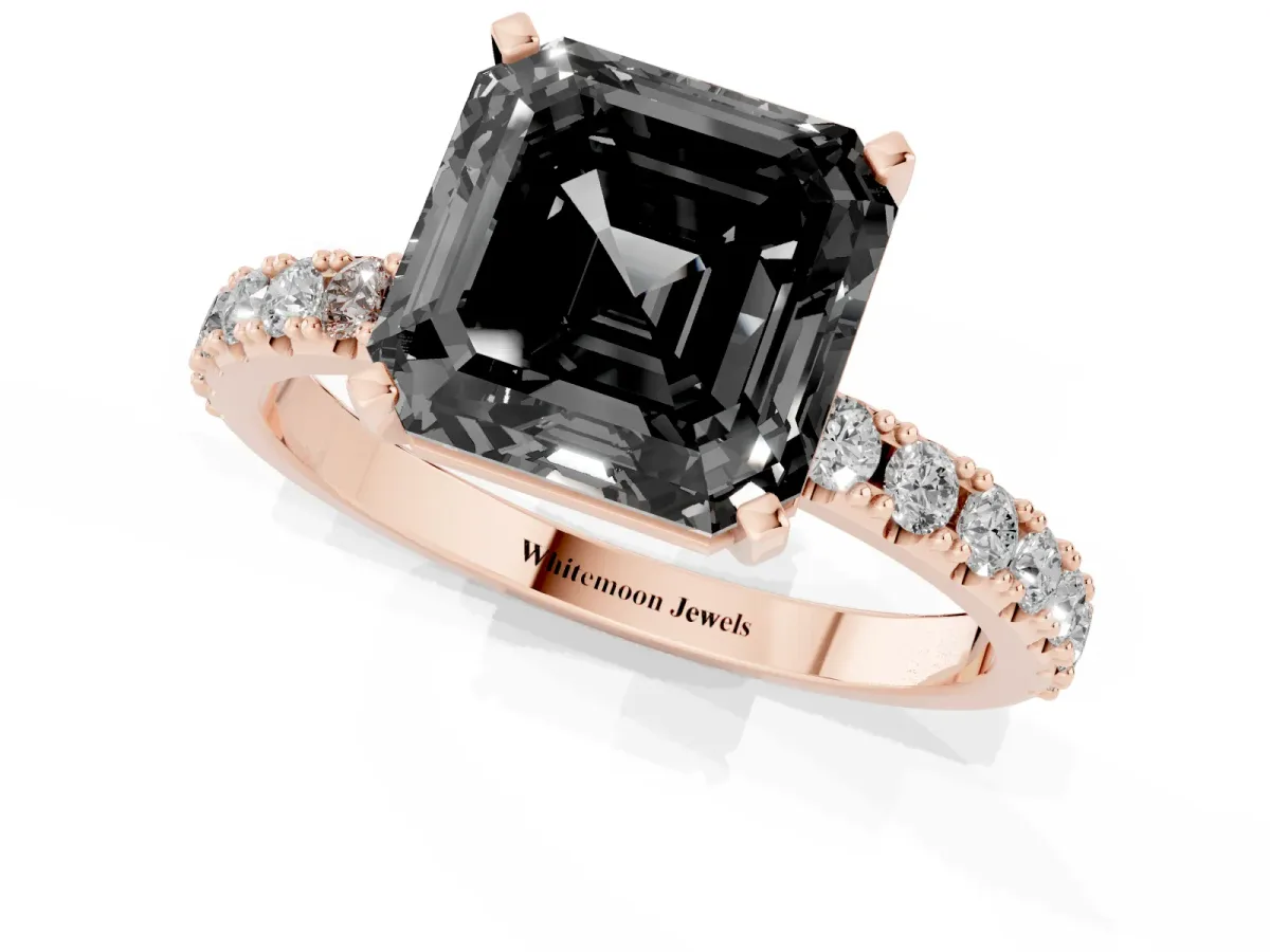 Fancy Black Asscher Cut Diamond Solitaire Pavé Band with Four-Prong Setting Rose gold