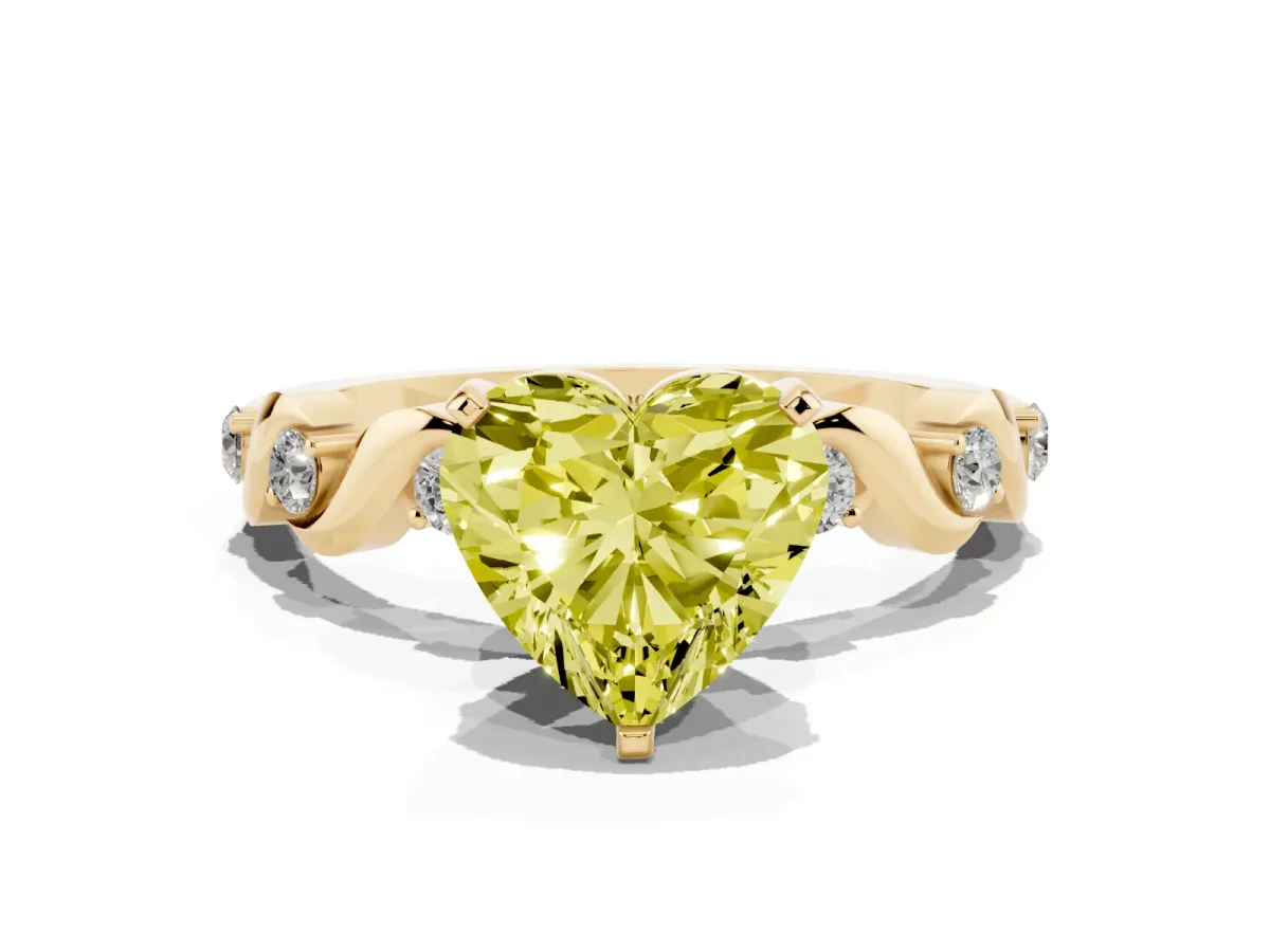 Fancy Yellow Heart Cut Diamond Solitaire Twisted Band with Round Accents and Prong Setting Yellow gold