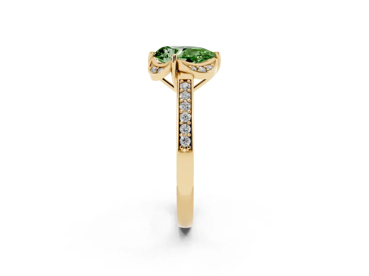 Fancy Green Pear Cut Cut Halo Diamond Ring with Channel Set Band and Four-Prong Setting Yellow gold