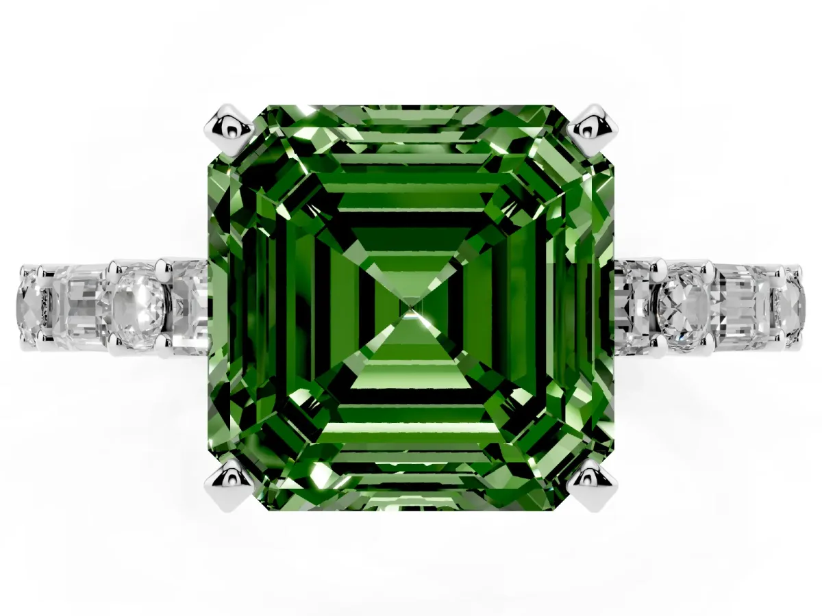 Fancy Green Asscher Cut Diamond Solitaire with Side Baguettes and Channel Set Band Silver