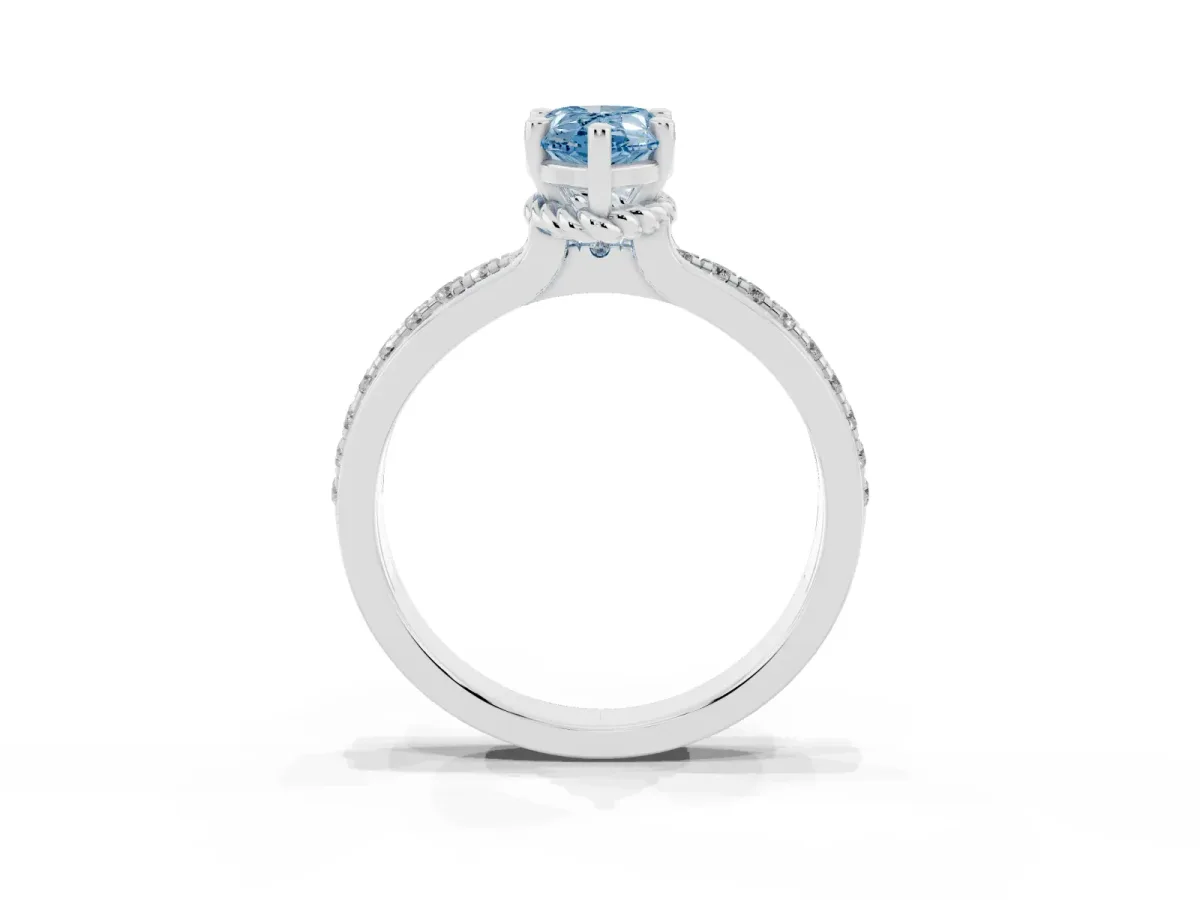 Fancy Blue Pear Cut Solitaire Diamond Ring with Channel Set Band and Six-Prong Setting Silver