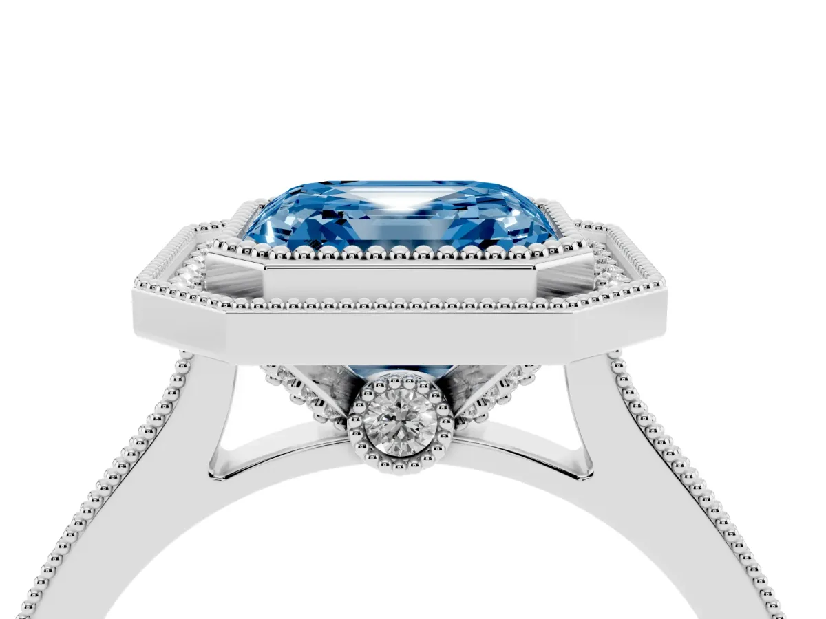Fancy Blue Halo Asscher Cut-Cut Diamond Pave Band Milgrain Prong Setting Ring Platinum