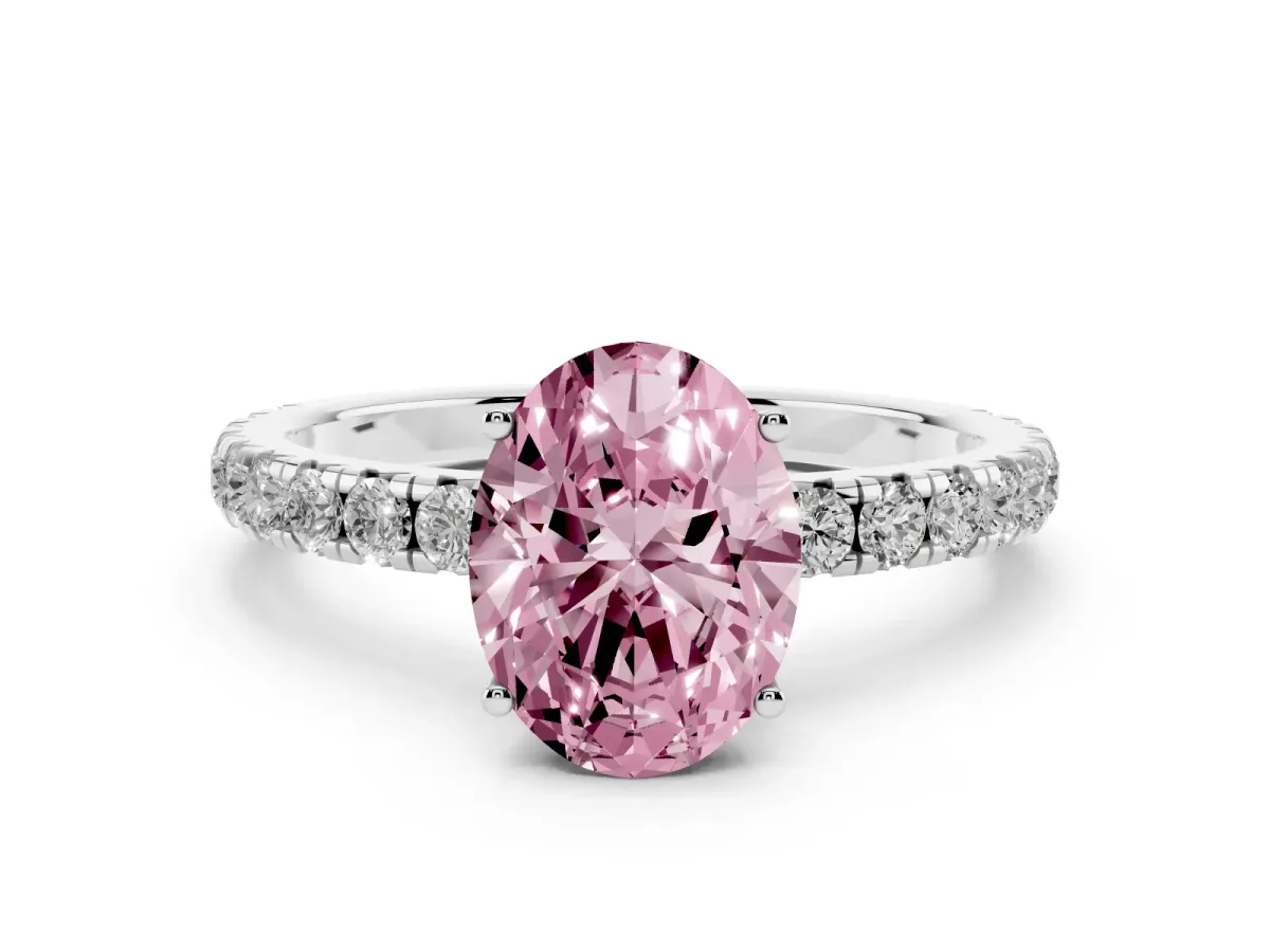 Fancy Pink Oval Cut Diamond Pavé Solitaire Engagement Ring with Four-Prong Setting Platinum