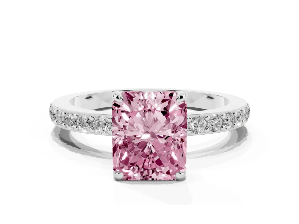 Fancy Pink Radiant Cut Diamond Pavé Engagement Ring with Round Accents and Prong Setting White gold
