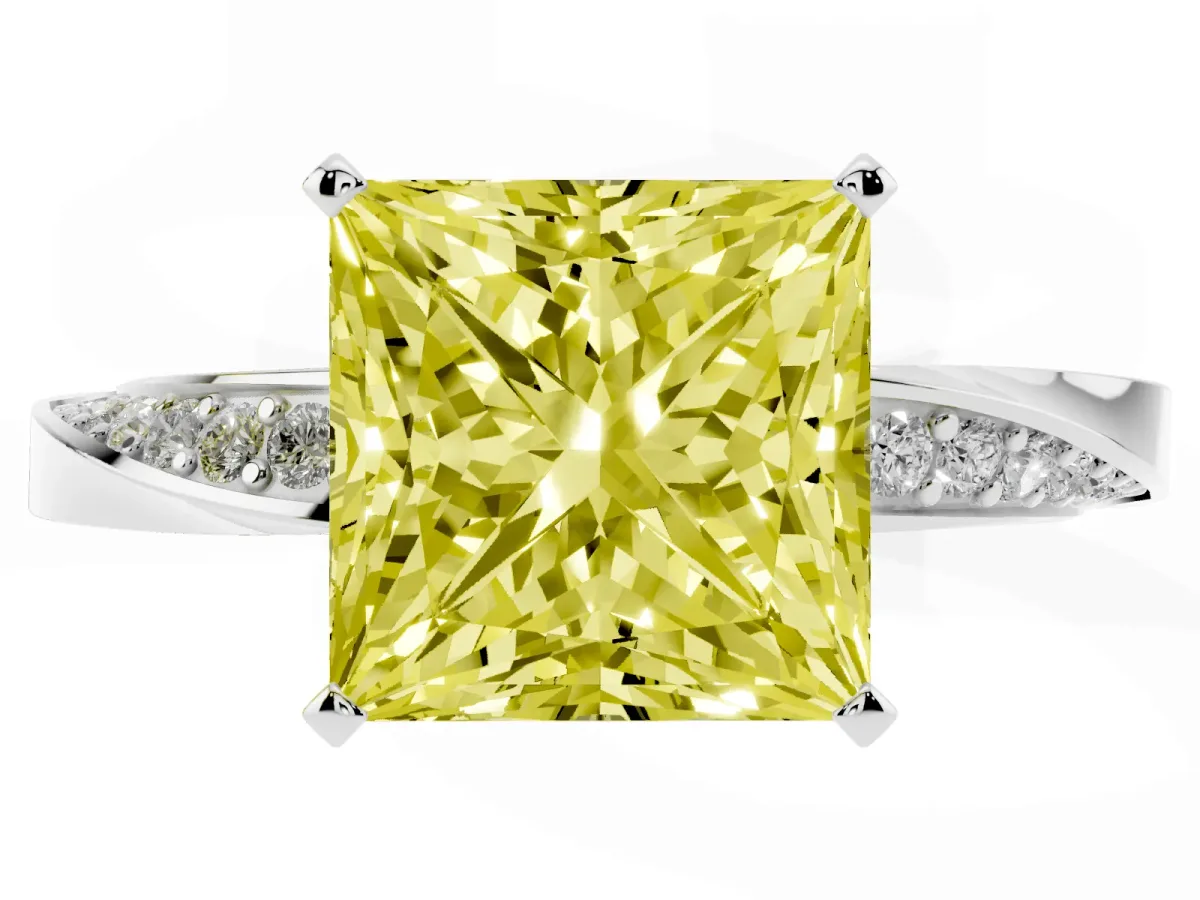 Fancy Yellow Princess Cut Diamond Engagement Ring with Side Stone Accents and Four-Prong Setting Silver