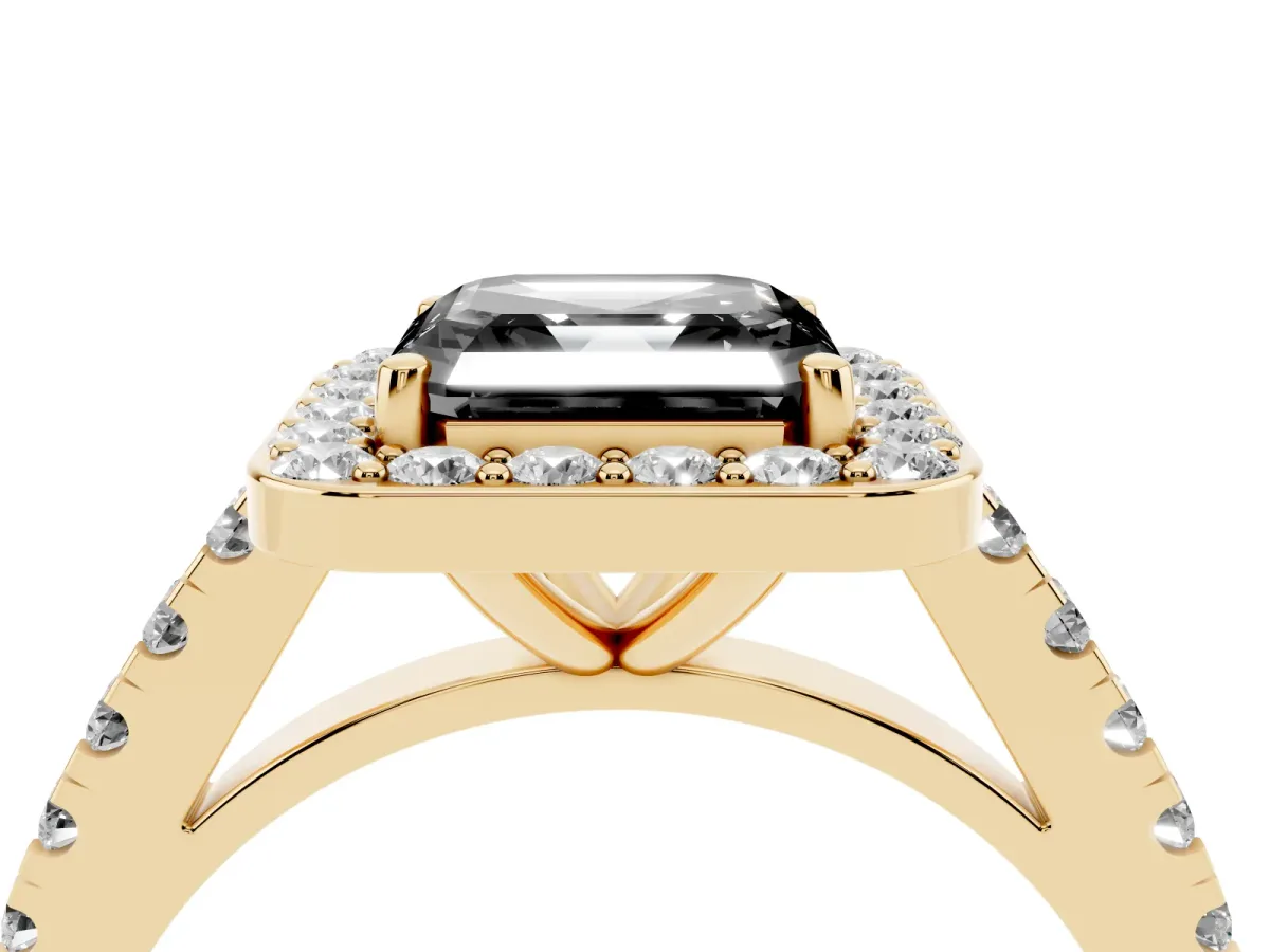 Fancy Black Asscher Cut Diamond Halo Ring with Round Pavé Split Shank and Prong Setting Yellow gold