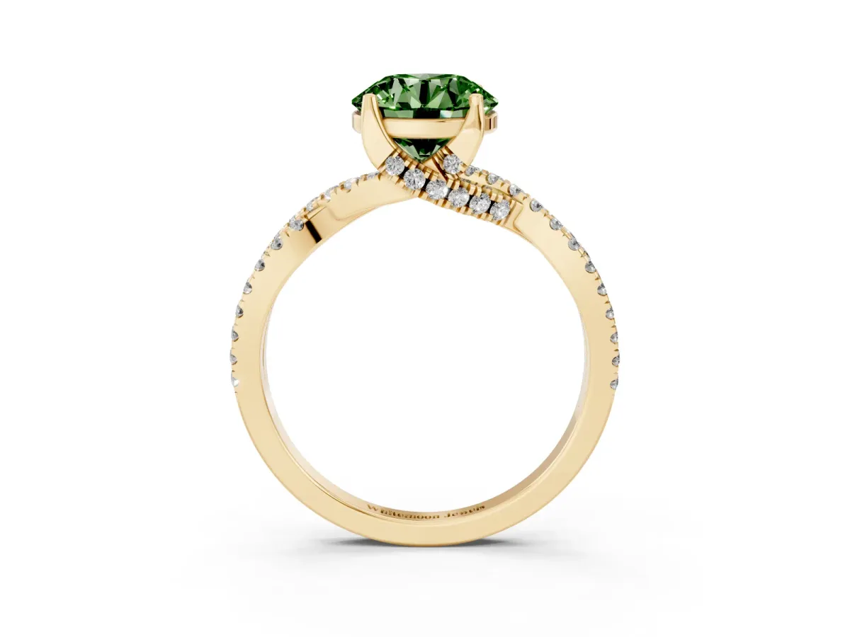 Fancy Green Round Cut Solitaire Twist Pave Diamond Engagement Ring with Prong Setting Yellow gold