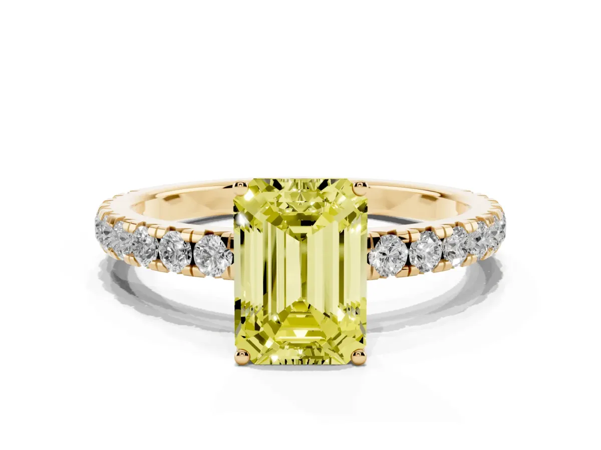 Fancy Yellow Emerald Cut Diamond Pavé Solitaire Engagement Ring with Four-Prong Setting Yellow gold