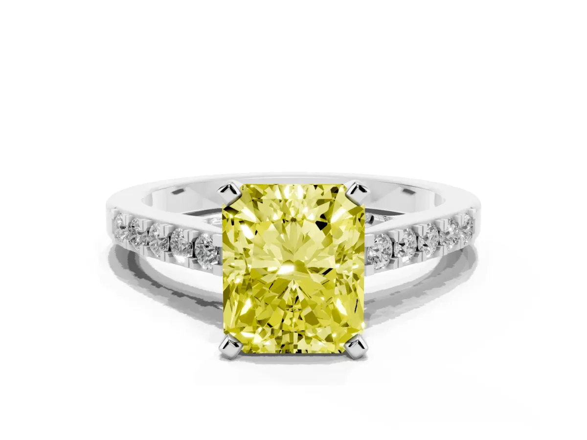 Fancy Yellow Radiant Cut Diamond Solitaire Ring with Crossover Gallery and Round Pavé Band White gold